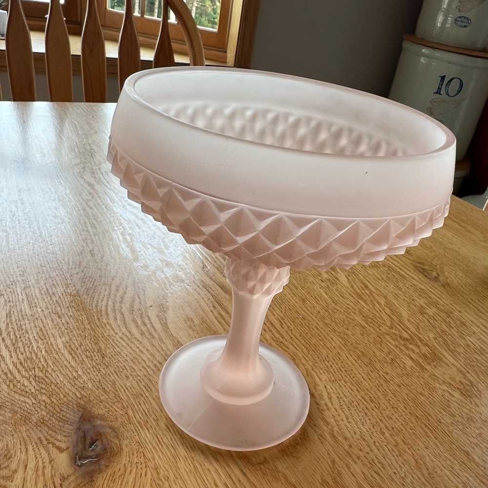 Vintage Indiana Glass Satin Blush Pink Compote Diamond Point Pattern 1960's